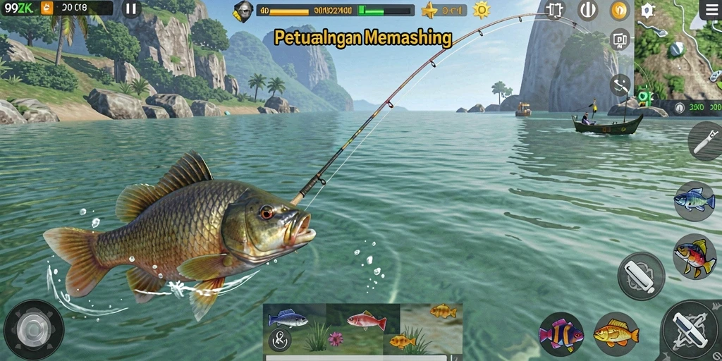 Tampilan menarik dari gameplay 99ZK saat memancing di danau.