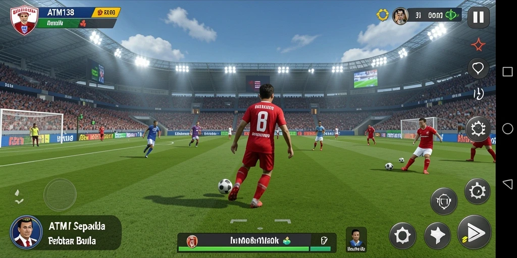 Screenshot gameplay ATM138 menampilkan aksi seru di lapangan sepak bola.