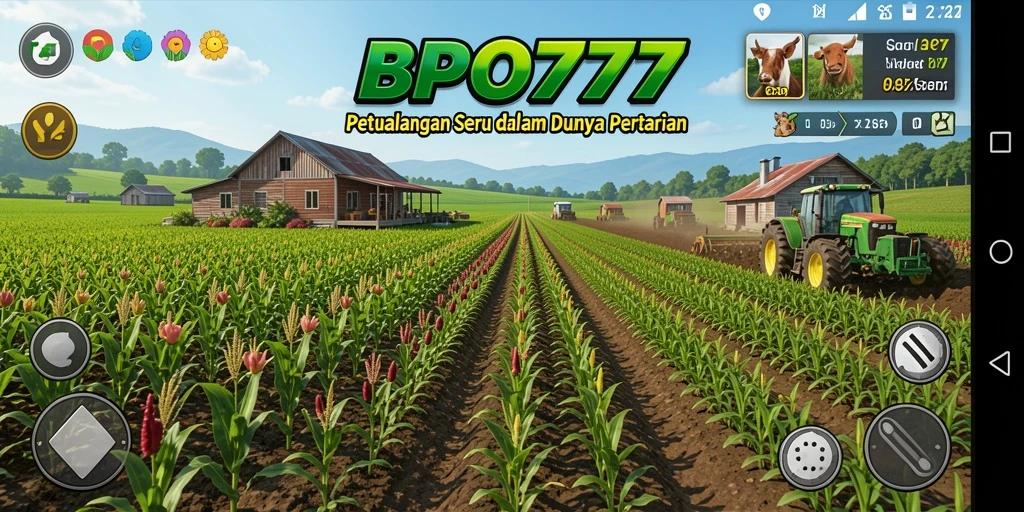 Screenshot utama BPO777 menampilkan aktivitas bertani yang menyenangkan.