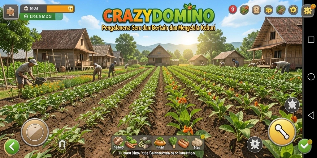 Tampilan gameplay yang menggambarkan kegiatan bertani di CRAZYDOMINO.