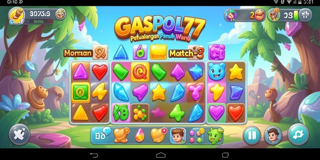 Screenshot GASPOL77 menampilkan gameplay seru Match-3 dengan kombinasi warna-warni.