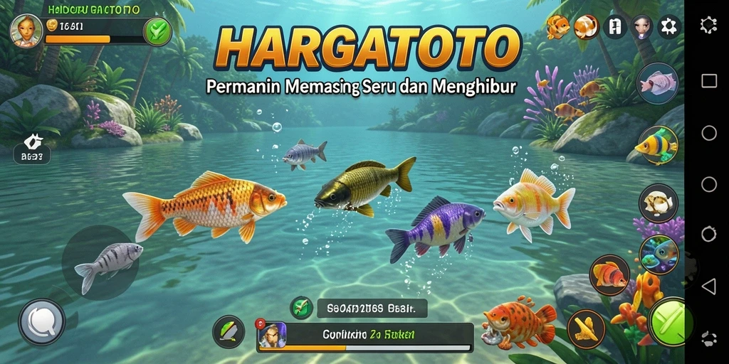 Screenshot gameplay HARGATOTO menampilkan momen menangkap ikan dengan grafis memukau.