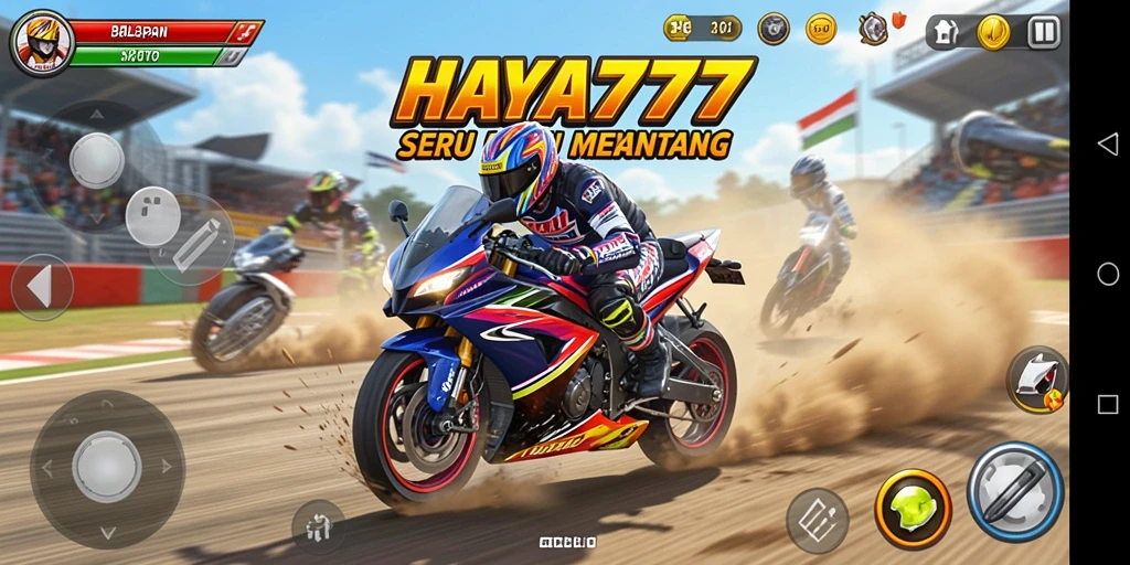 Tampilan gameplay HAYA777 dengan balapan motor seru di berbagai trek.