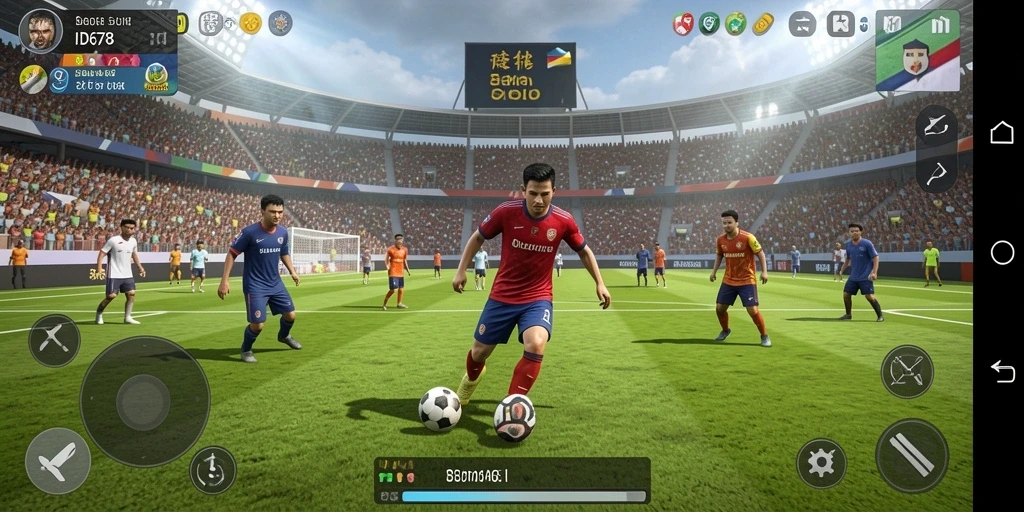 Screenshot gameplay ID678 menampilkan aksi sepak bola yang intens.