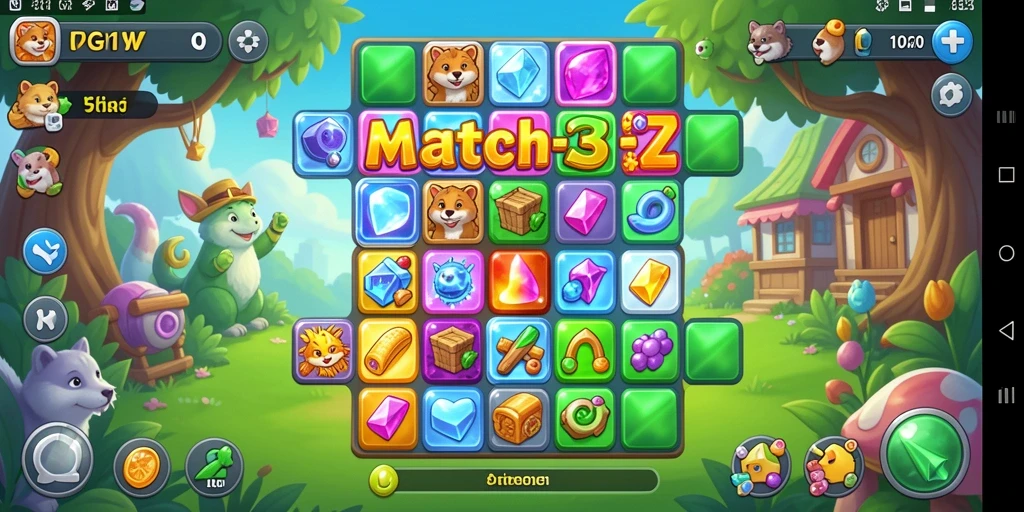 Screenshot gameplay PG11 menampilkan kombinasi elemen Match-3 yang berwarna-warni.