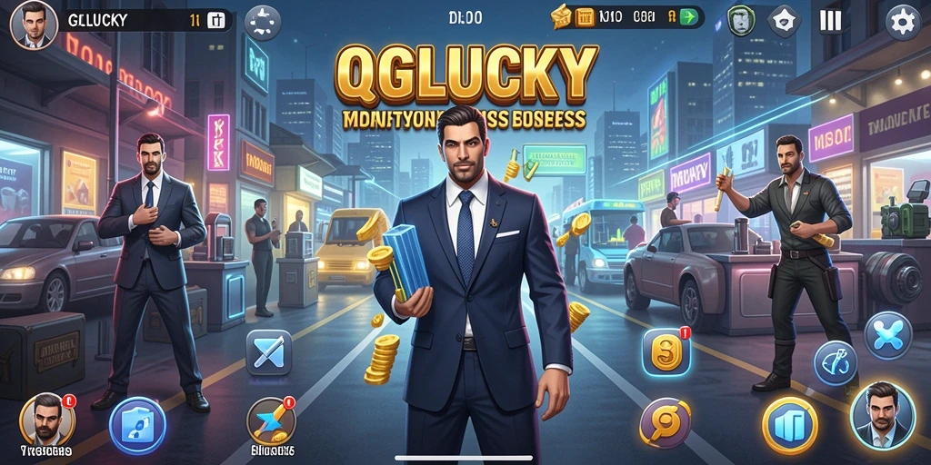 Screenshot gameplay QGLUCKY menampilkan aksi mengelola bisnis Tycoon.
