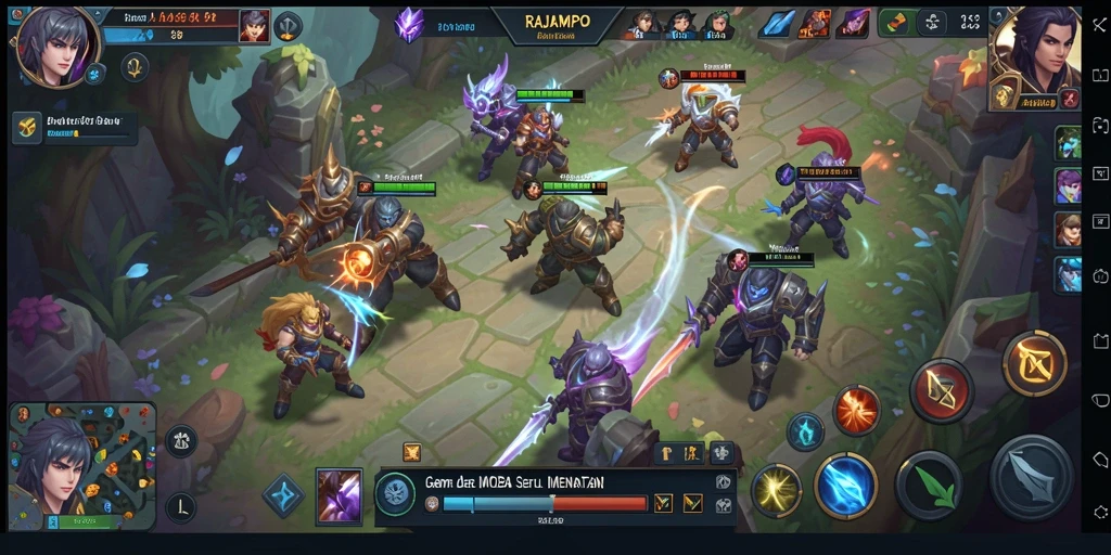 Tangkapan layar gameplay RAJAMPO menunjukkan aksi berintensitas tinggi di arena MOBA.
