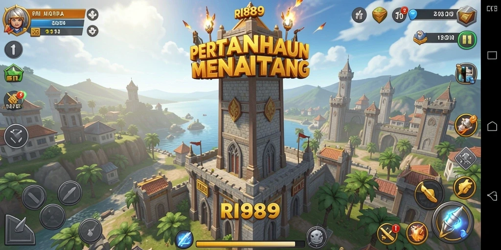 Tangkapan layar gameplay RI889 yang menunjukkan aksi Tower Defense yang seru.