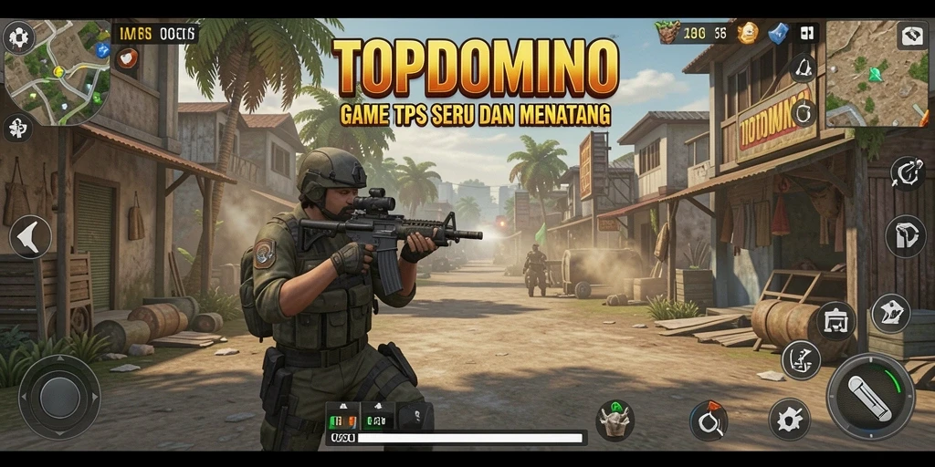 Screenshot gameplay TOPDOMINO dengan aksi tembak-menembak seru.