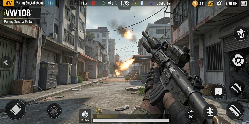 Tampilan gameplay intens dalam pertempuran FPS.