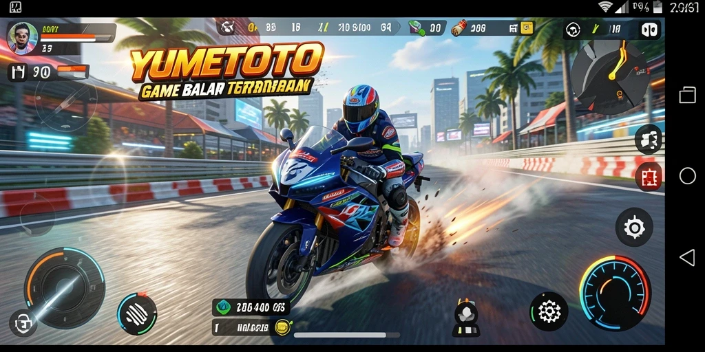 Tampilan gameplay seru di YUMETOTO dengan motor balap.
