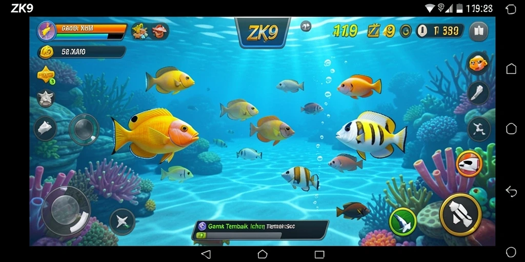 Gameplay ZK9 yang menampilkan momen menembak ikan yang seru.